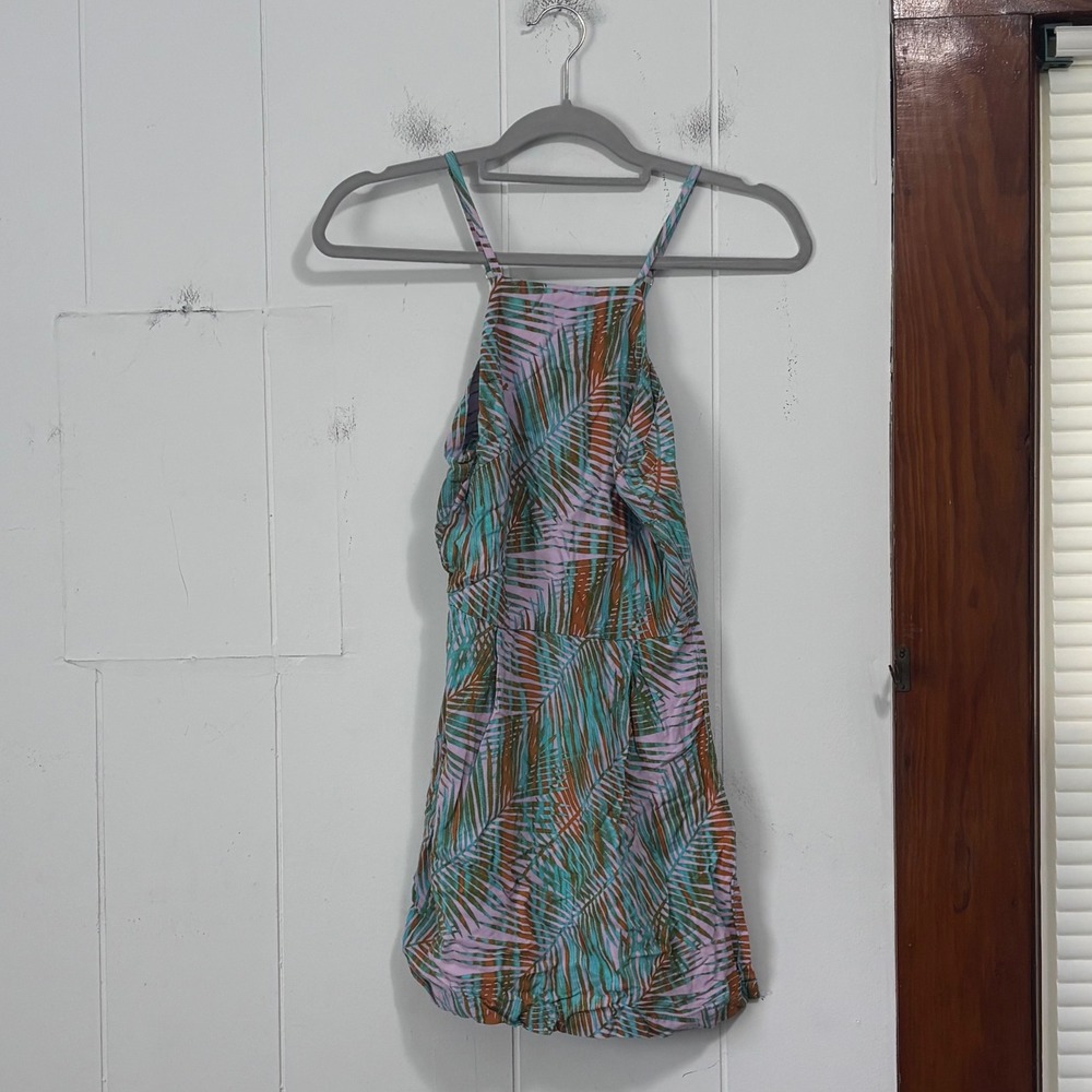 Valija Womens XS Tropical Palm Leaf Print‎ Romper Pink Teal High Neck Halter